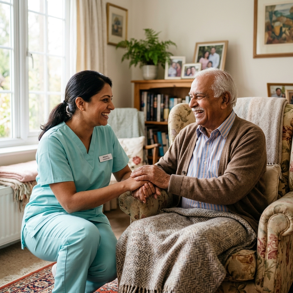 Caregiver with elderly senior at home